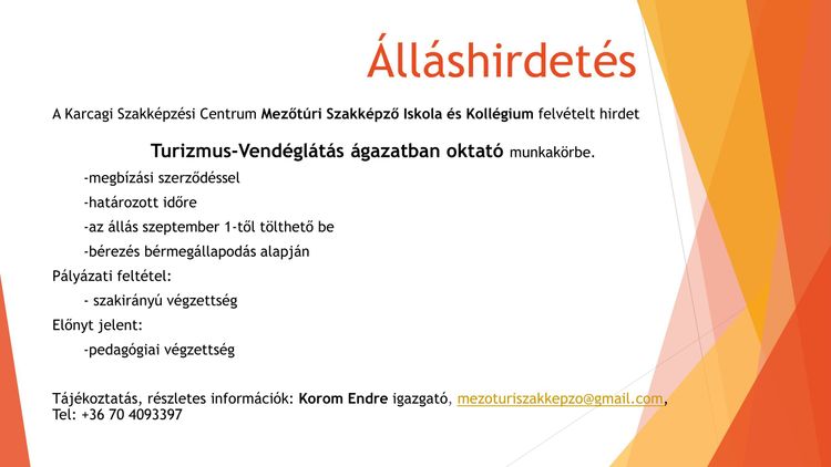 Álláshirdetés-Turizmus-vendéglátás ágazatban oktató